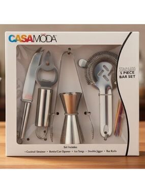 CASA MODA Stainless 5pc Bar Set Jigger Strainer Knife Opener Tongs NIB